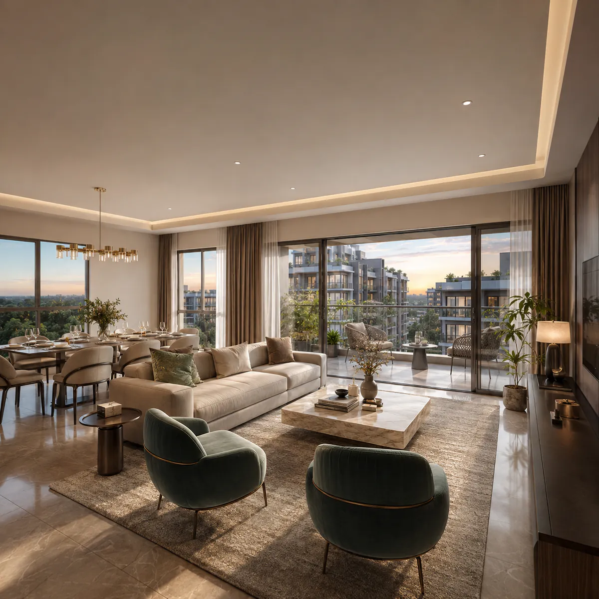 Adarsh Bellahalli apartment interior - living and dining volume with the balcony beyond Adarsh Bellahalli apartment interior - living and dining volume with the balcony beyond