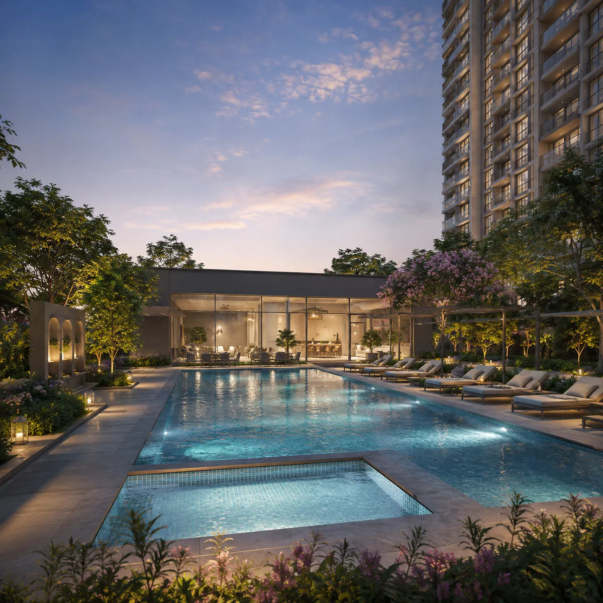 Adarsh Bellahalli swimming pool and deck with the clubhouse frontage behind Adarsh Bellahalli swimming pool and deck with the clubhouse frontage behind